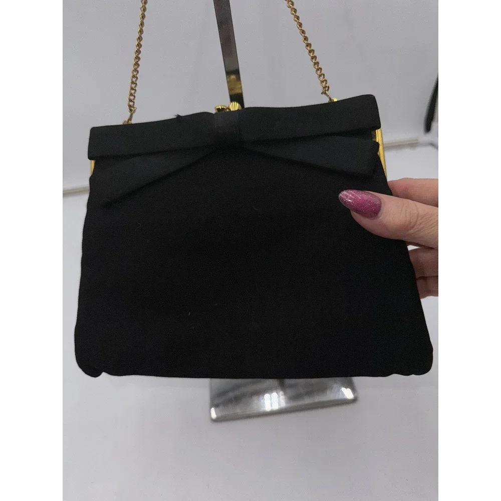 Peck & Peck Vintage Fifth Avenue Black Silk Crepe Bow Evening Bag Gold Chain